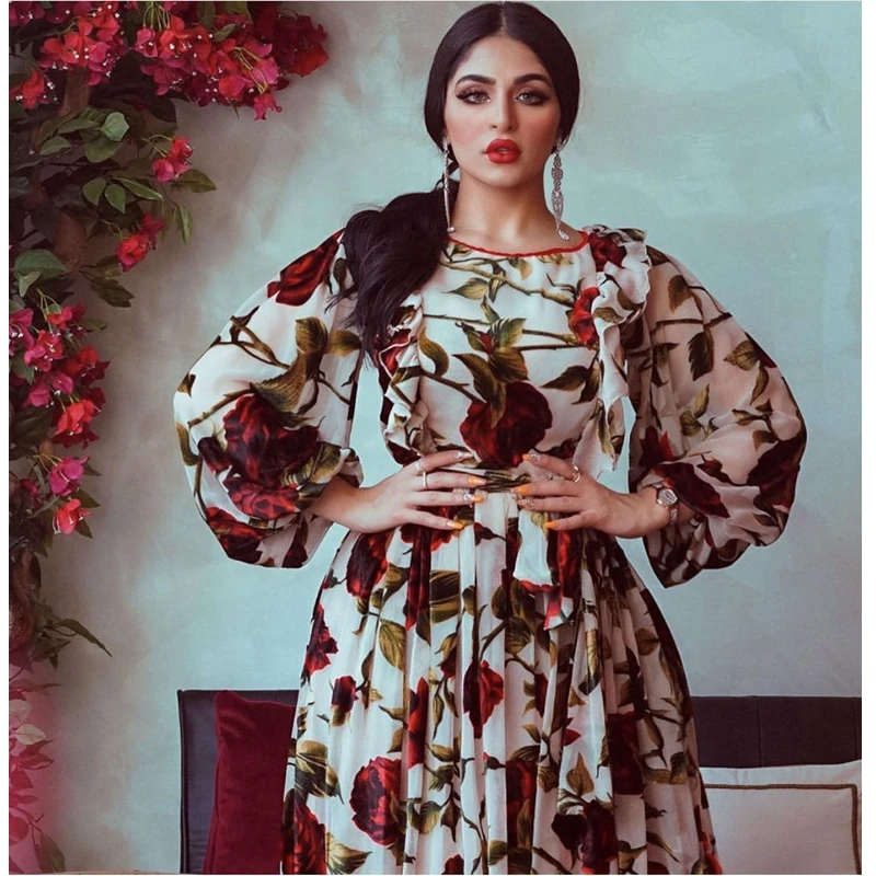 

WEPBEL Ruffled Printed Abaya Bohemian Long Sleeve Middle East Turkey Robe Women Muslim High Waist Muslim Dress Islamic Clothing