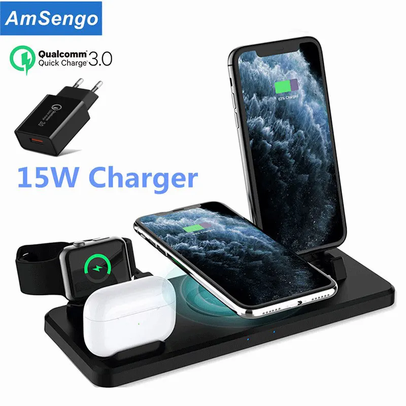 Беспроводная зарядная подставка Qi док станция для Apple Watch 5 4 3 2 1 iPhone 12 11 X XS XR 8 Airpods Pro