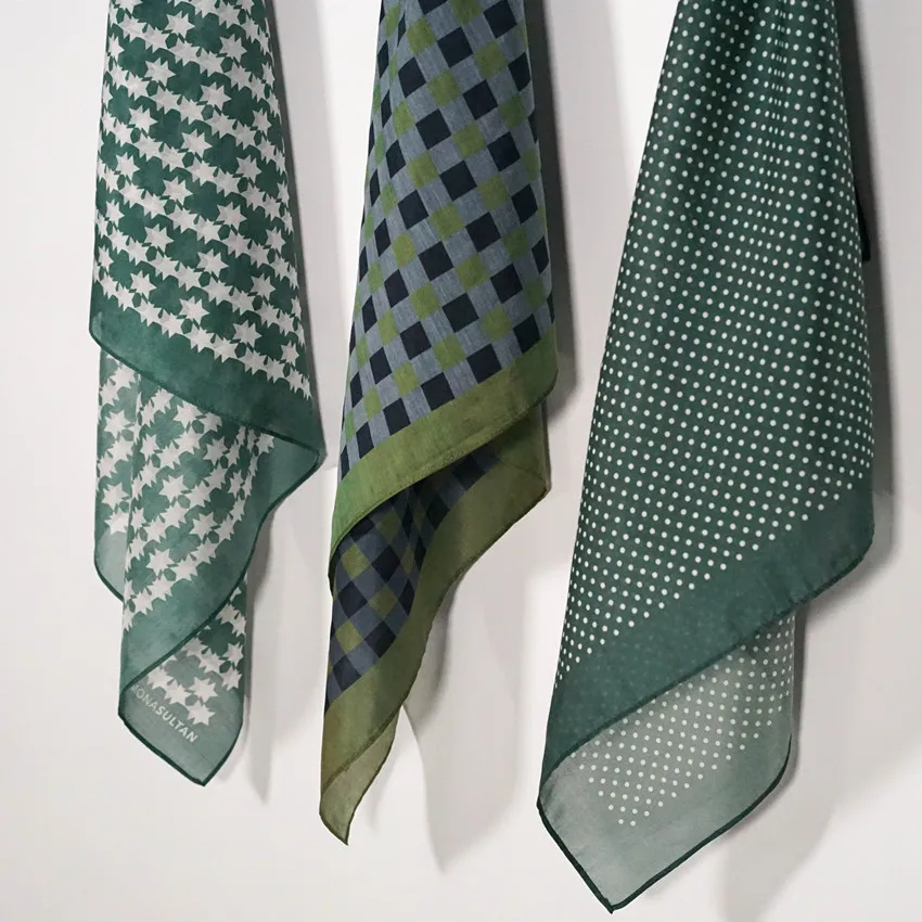 

65*65cm Nordic Style Silk Cotton Square Scarf Spring New Green Plaid Scarf Small Scarf Ladies Small Silk Scarf Headband