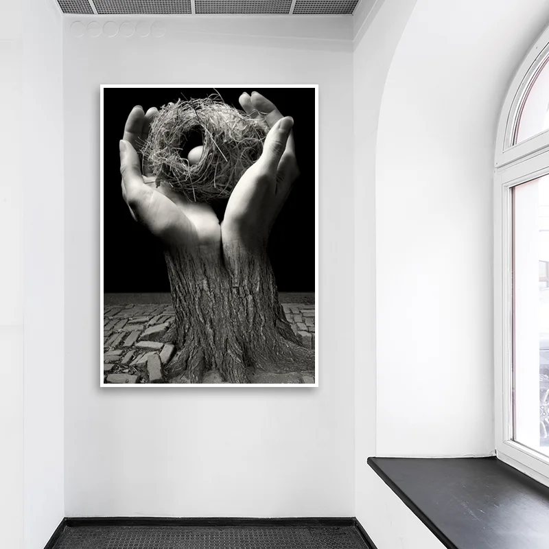 

Bird's Nest In Hand Surrealism Picture Black And White Modern Canvas Art Poster And Print Room Decoration Wall Painting For Home