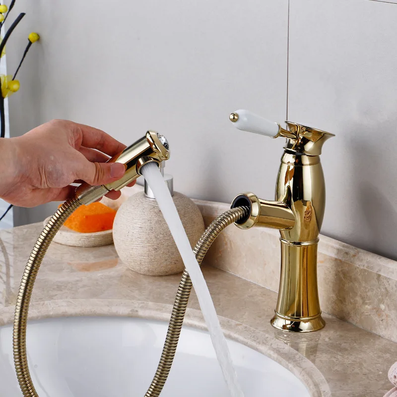 Torneiras Banheiro Pull Out Antique Basin Faucet Bathroom Sink Mixer Brass Tap Hot Cold Water Stream Deck Mounted Rose Gold Taps |