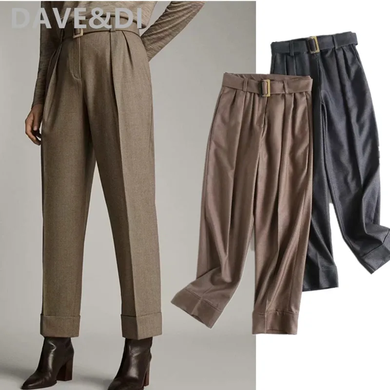 

Withered 2020 england office lady simple solid sashes high waist straight regular suits pants women pantalon femme trousers sets