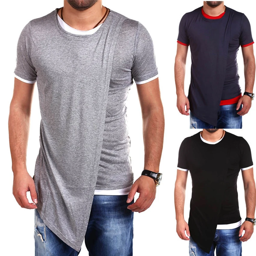 

Men's Patchwork Irregular Hem T-shirts Men's Short Sleeves Hip Hop Hipster Longline Tshirt Male Tee Hipster Streetwear Tops Tee