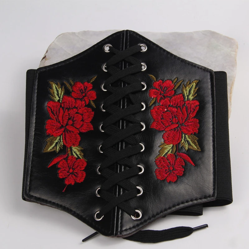 Elastic Waist Embroidered Flower Belt Women Wide Lace Up Waistband Corset PU Leather Waist Slim Shaped Tied Belts New
