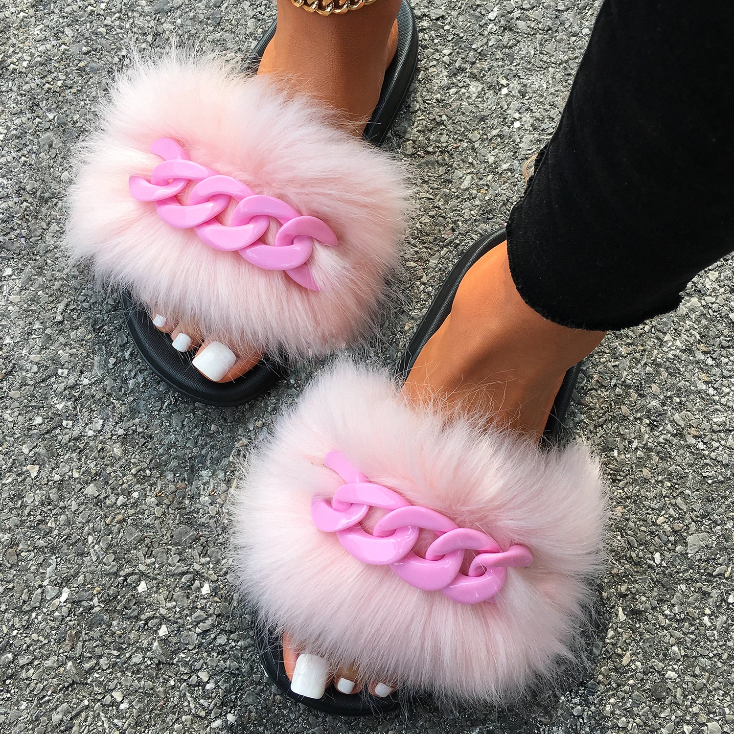 Fluffy Flip Flops Faux Furry Fur Slippers Cute Female Fur slides Designer Shiny Chain Women Fashion Shoes Home Beach Slippers