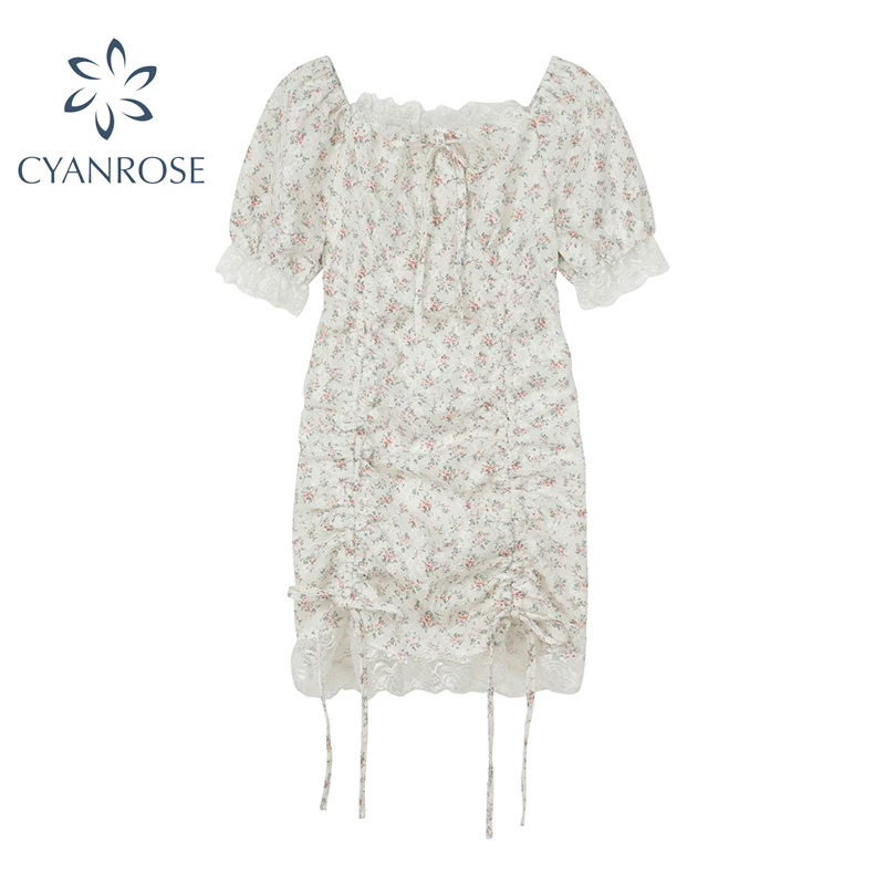 

Romantic Lace Edge Floral Print Party Dresses Women's Summer 2021 Sexy Sweet Off Shoulder Draped Drawstring Mini Dress Female