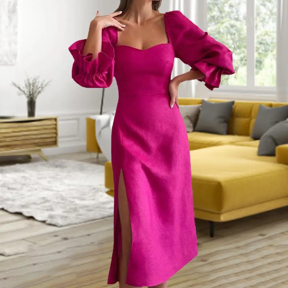 

Comfy Elegant Rose Red Women Autumn Dress Soft Long Dress Side Split for Date
