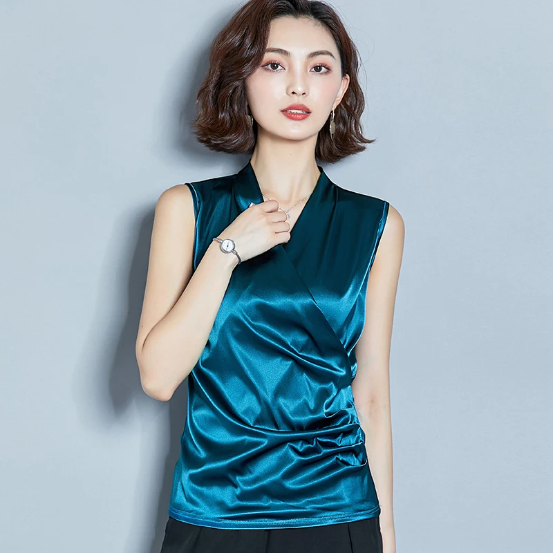 Корейские модные шелковые женские блузки атласные розовые рубашки без рукавов
