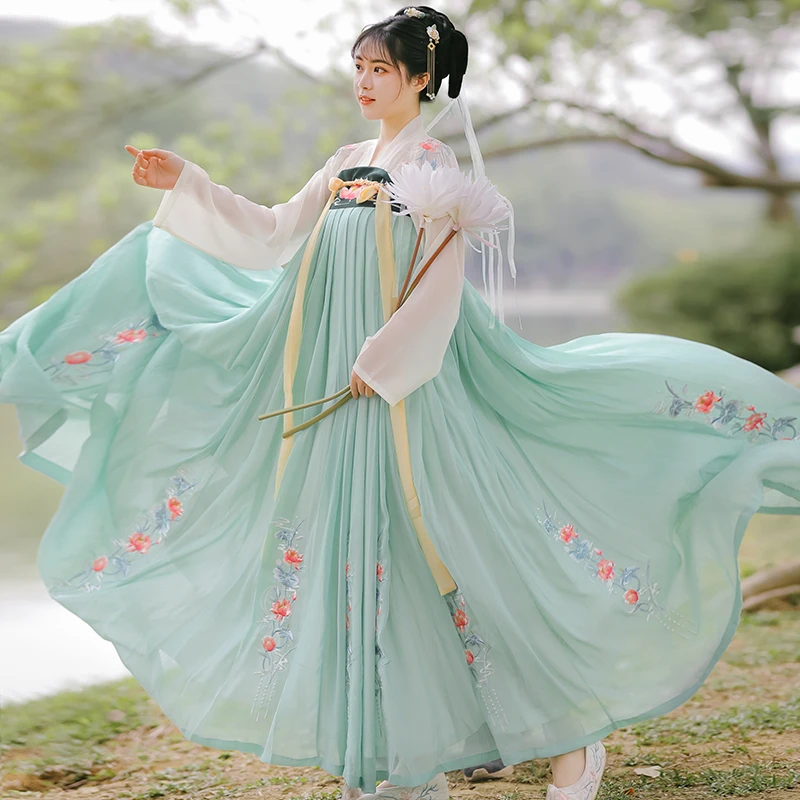 

Hanfu платье для женщин, летний костюм для взрослых, костюм с топом под грудью и юбкой в китайском стиле, традиционный старинный танцевальный з...