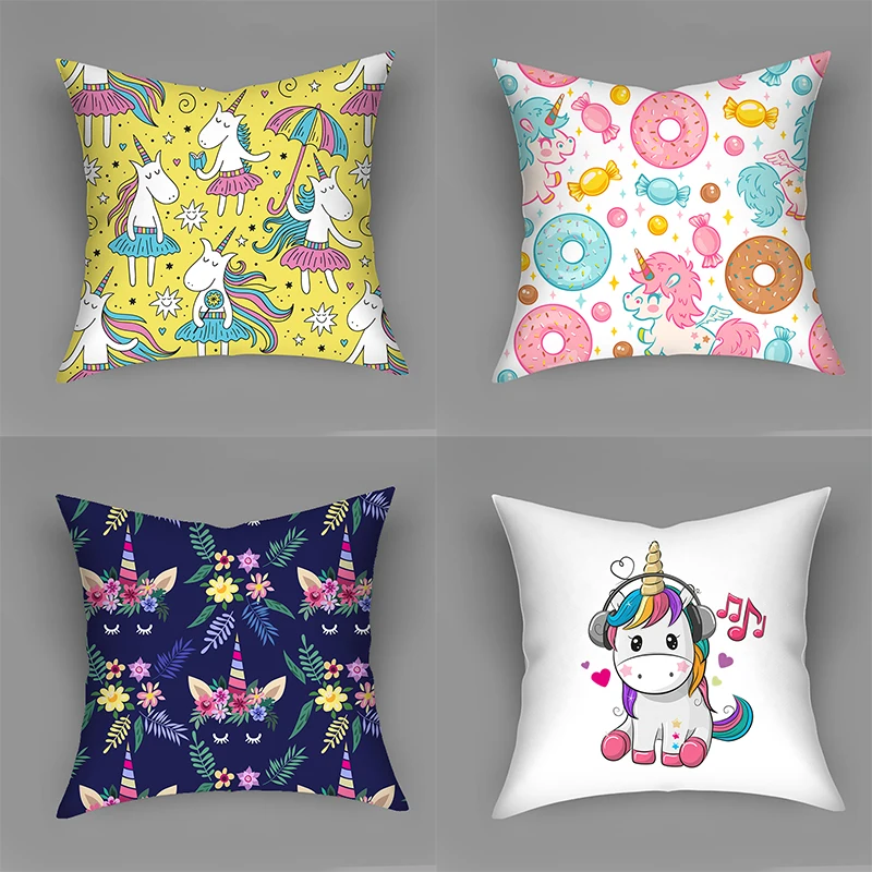 

Cute Unicorn Colourful Pillow Case Fresh Cartoon Style Linen Pillow Cover 2021 Square 45X45 Soft Cushion Cover Home Throw Pillow