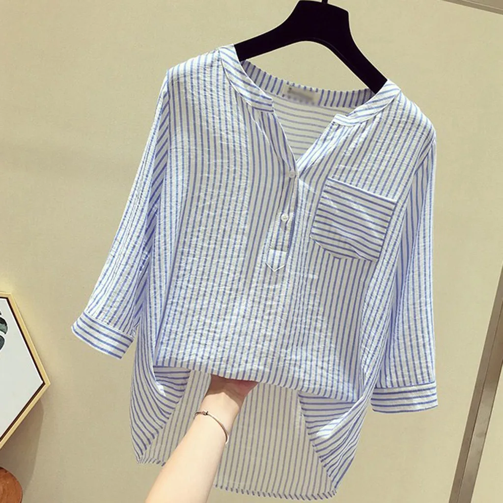 Summer Top Women Fashion Leisure V-Neck Tops Pocket decoration Button Stripe Half Sleeve Blouse Clothes 2020#25 | Женская одежда