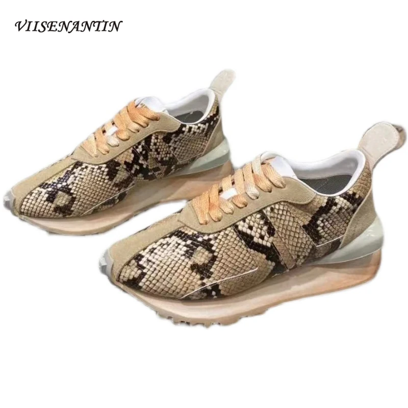 2021 Autumn New Leather Pointed Toe Retro Thick-soled Forrest Shoes Casual Snake Skin Increased Sports Daddy Shoes Women