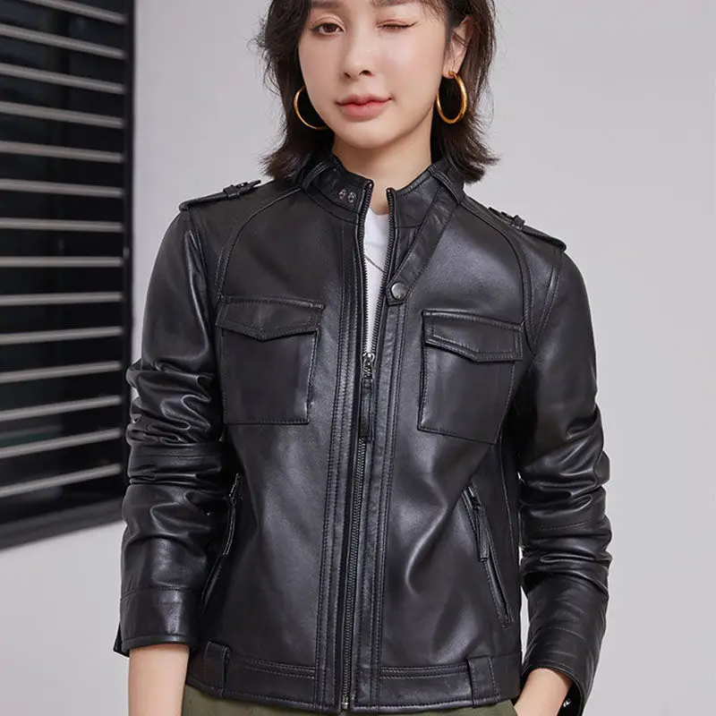Sheepskin Leather Jacket Spring Autumn Lady Leisure Vegetable Tanned Leather Jacket Women's Short Motorcycle Jacket