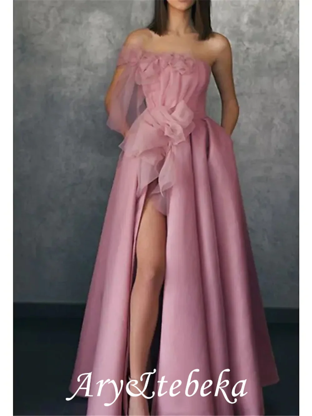 

A-Line Floral Prom Formal Evening Dress One Shoulder Sleeveless Floor Length Satin with Appliques Split Front 2021