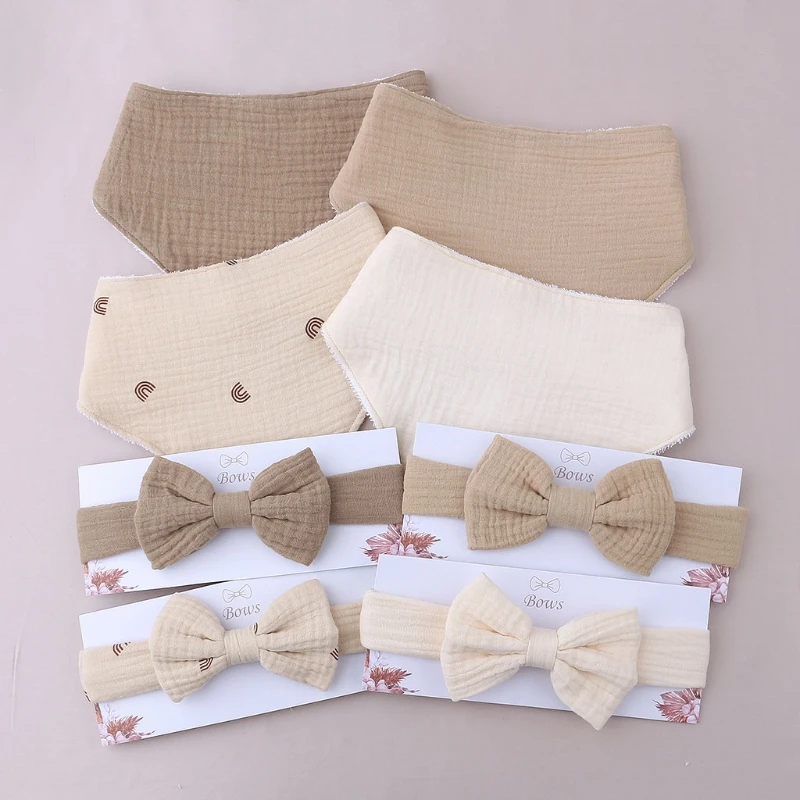 

Baby Elastic Bow Headband Feeding Drool Saliva Towel Kit Princess Bowknot Soft Cotton Hair Band Solid Color Snap Button Bib Set