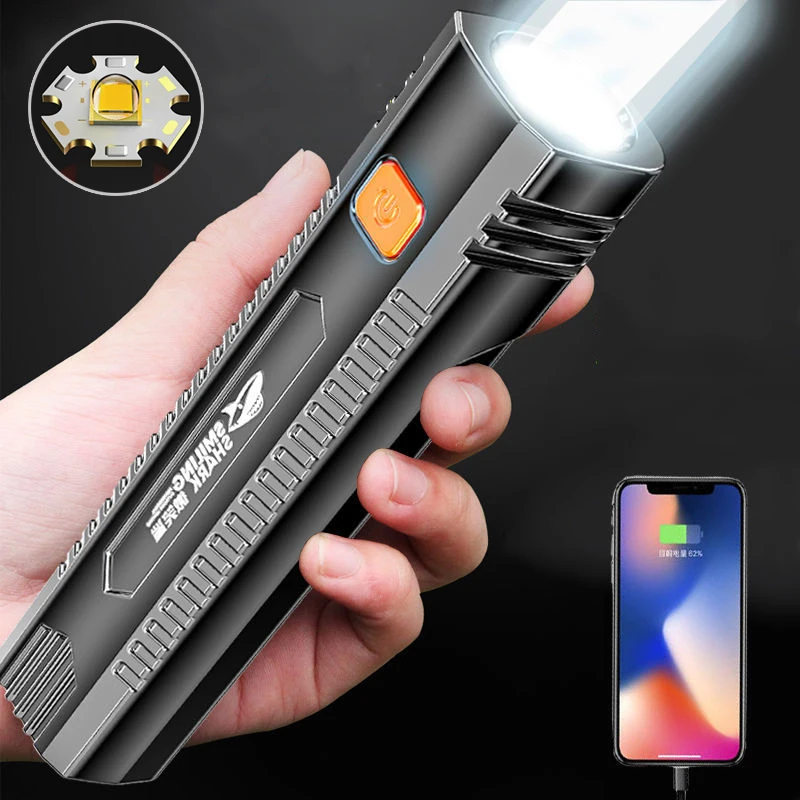 

Portable Flashlight USB Rechargeable LED Torch Pocket Flashlight Waterproof with Output Power Bank Self Defense Fishing Camping