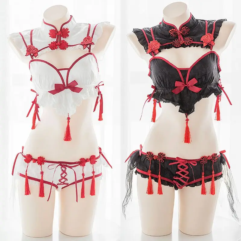 

New Gothic Vintage Cheongsam Lingerie Set Sexy Maid Cosplay Uniform Lolita Lace Embroidery Tassels Private Underwear Set