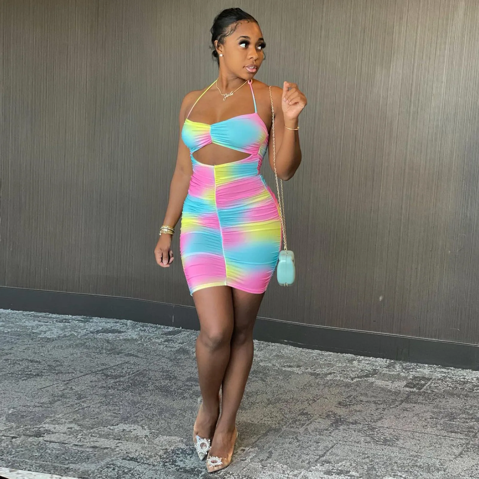 

36L8168 Summer Women Casual Fashion Sexy Skinny Hollow Out Sling Multicolor Printing Folds Dress Vestidos Plus Size Hot