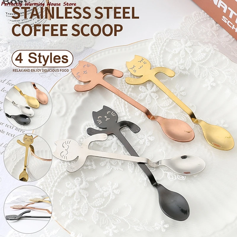 

1pcs Cute Cat Dessert Spoon Stainless Steel Teaspoon For Coffee Ice Cream Laser Engraving Long Handle Flatware GiftTableware