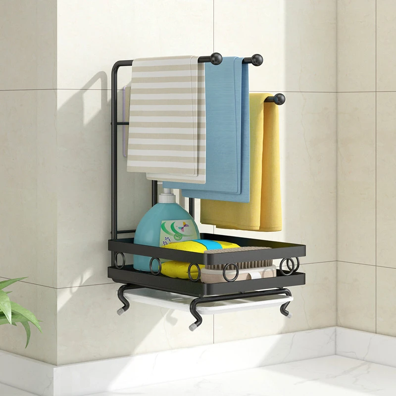 Suporte de Armazenamento para Cozinha Ralo de Esponja Prateleira de Montagem na Parede Acessório de Cozinha Preto Branco Ferro Organizador –