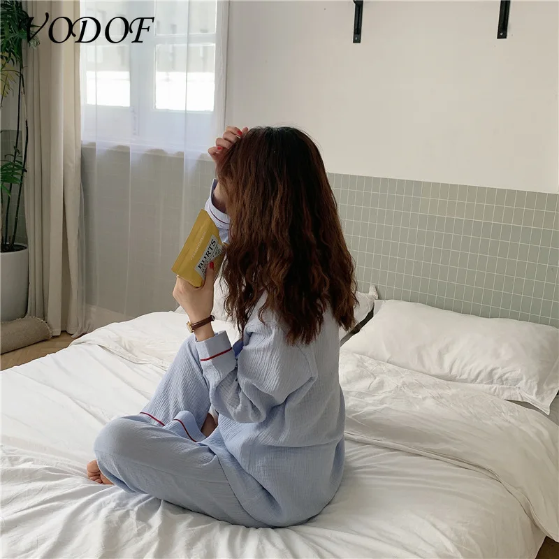 VODOF New Style Ladies Cotton Long-sleeved Trousers Pajamas Suit Cute Home Service Suit Women