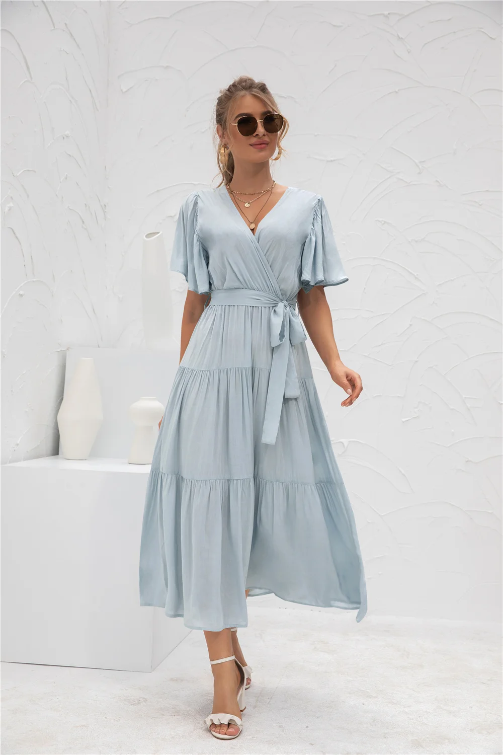 

Women's Dress Summer 2021 Casual Dresses Solid Blue Sexy V Neck High Waist Dress Short Sleeve Female Clothing Commute Dress