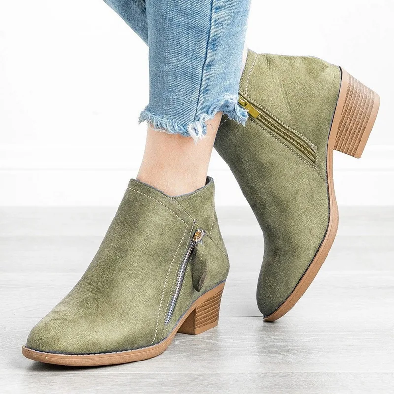 

Women Side Zipper Boots Fashion Suede Low Heel Shoes Women Short Boots Square Heels Casual Ankle Boots Plus Size 43 Botas Mujer
