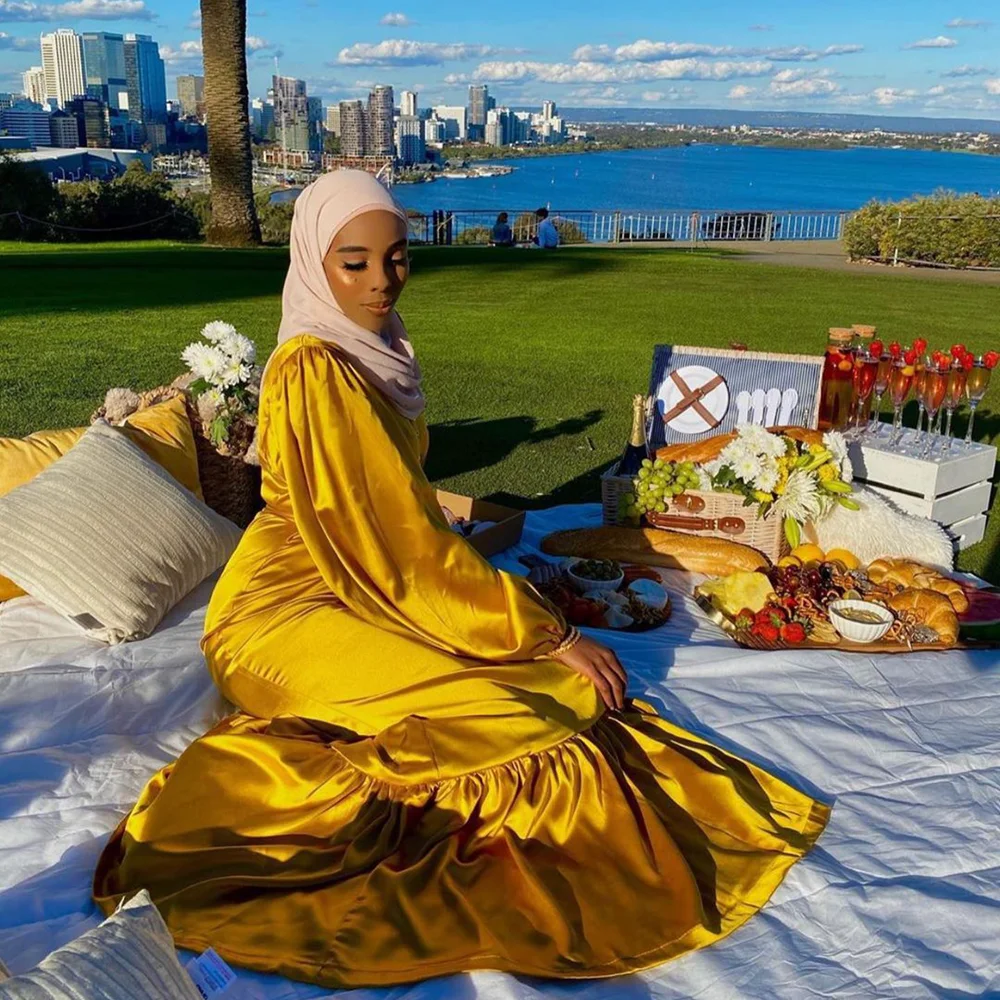 

Ramadan Eid Fashion Satinlike Dress Dubai Abaya Women Summer Long Flare Sleeve Hijab Dresses Muslim Islam Turkey Clothes Bronze