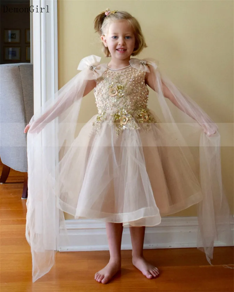 

Champagne Lace Tulle Flower Girl Dress With Shawl V Neck Floral Appliques Pearls Pageant Gown Girl's Birthday Dress
