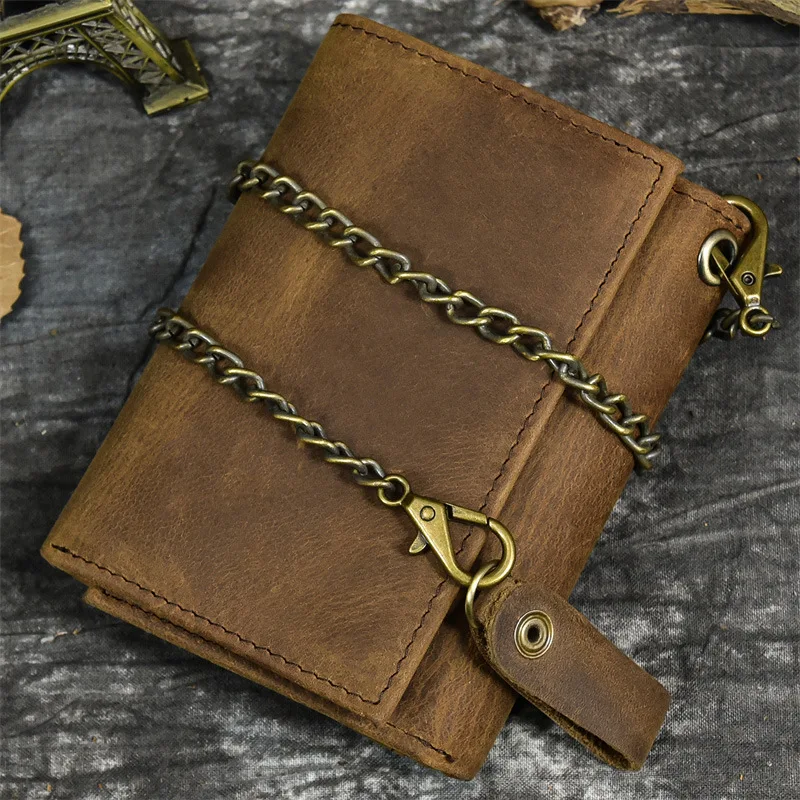 

Vintage Trifold Genuine Leather Wallet for Men with Metal Chain Short Multi Funtional Mens Wallet