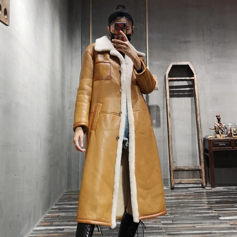 Sheepskin all-in-one jacket women's mid-length over-the-knee shearing wool jacket high-end 2020 new Spanish women's leather