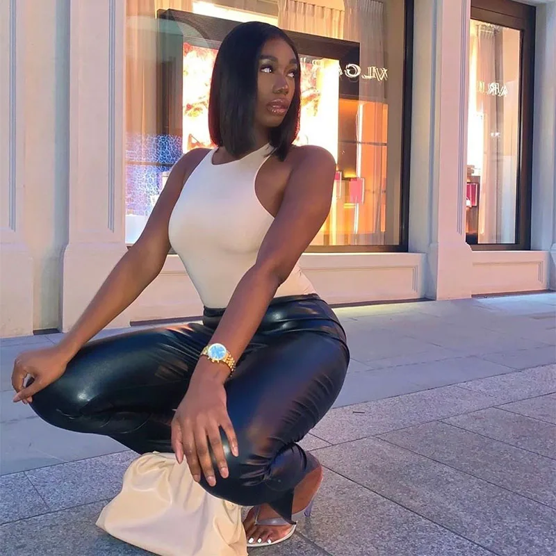 Женские кожаные леггинсы повседневные теплые брюки из искусственной кожи с