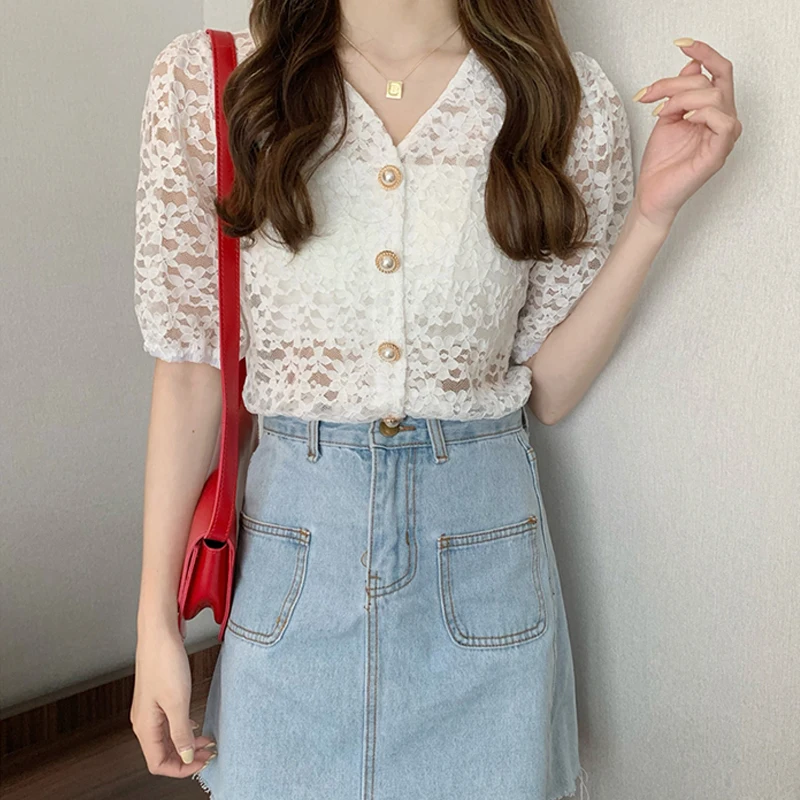 

Korean Lace Hollow Out Blouse Women Summer 2021 Solid V Neck Puff Sleeve Ladies Blusa Shirts Fashion Casual Female Tops