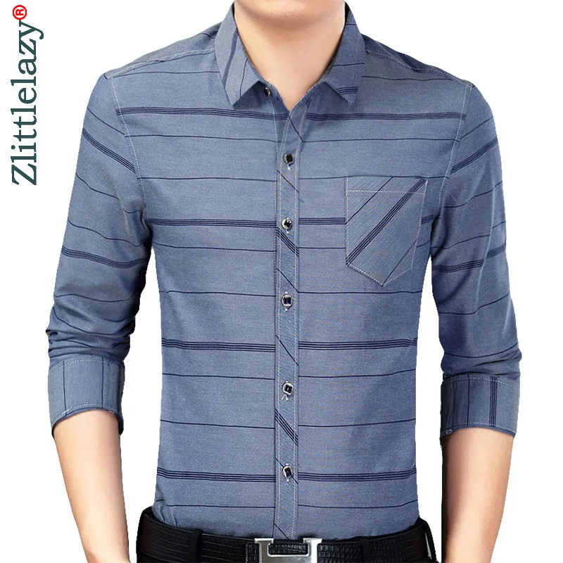2019 брендовая Повседневная приталенная Мужская рубашка в полоску с карманом и