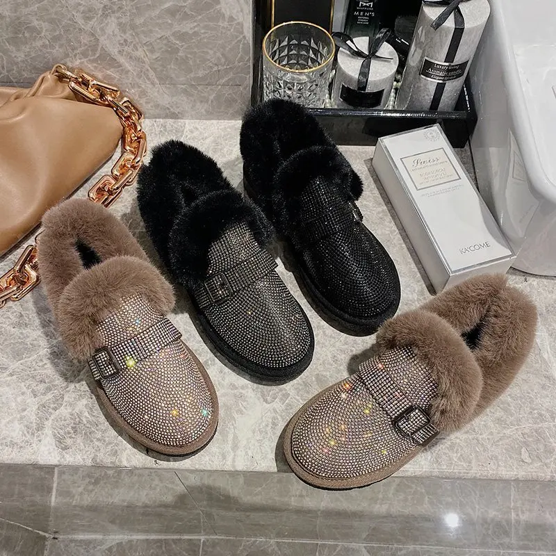 Блестящие женские ботинки с заклепками новые теплые плюшевые зимние на плоской