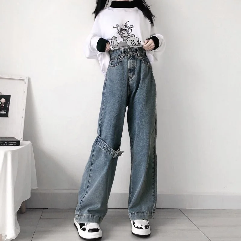 

2021 High Waist Loose Wide Leg Jeans Women Plus Size Fashionable Casual Straight Pants Mom Jeans Vintage Washed Boyfriend Jeans