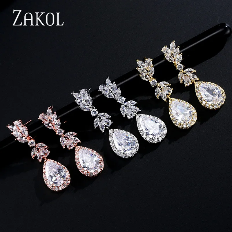 ZAKOL, белый цвет, в форме цветка, циркон, капля воды, кристалл, подвеска, висячие серьги для невесты, свадебные украшения, аксессуары FSEP2226
