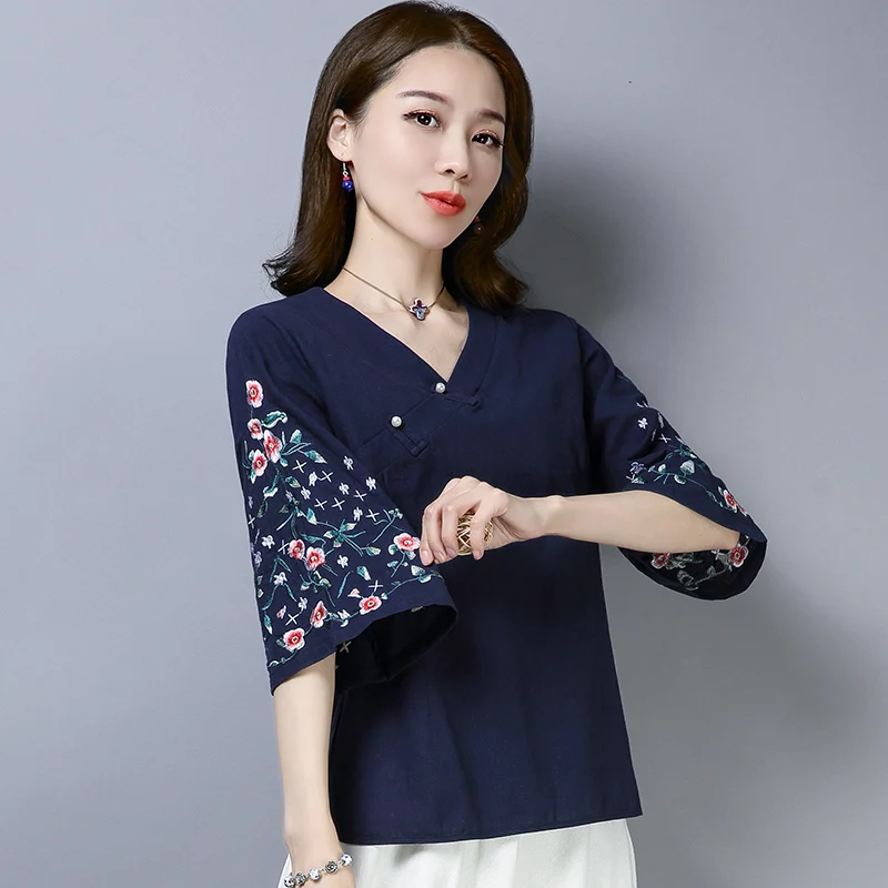 

Elegant Folk-Custom Embroidery Three Quarter Blouse Shirt Women Casual Loose Exotic Cotton Linen Floral O-Neck Blusa Feminina