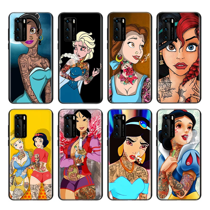 

Disney tattoo princess Phone Case For Huawei P50 P40 P30 P20 Pro Plus P10 P9 Lite 2019 RU E Mini Black Soft TPU Cover