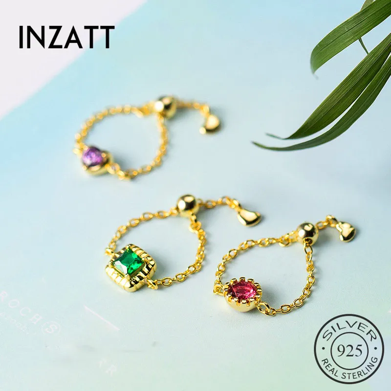 

INZATT Real 925 Sterling Silver Chain Zircon Resizable Ring For Fashion Women Cute Fine Jewelry Geometric Accessories 2019 Gift