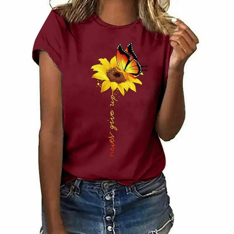 

Sunflower Print Female T-shirt O-Neck Short Sleeve T Summer T-Shirts Loose Casual shirt Women's mujer Tops camisetas Clothe F2I8