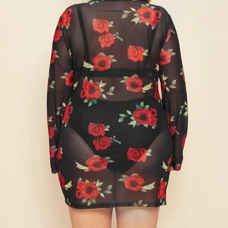 

Sexy Women Rose Print Slim Dress See Through Sheer Mesh Dress Long Sleeve Party Clubwear Mini Dress