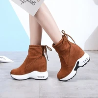 autumn women ankle boots platforms shoes woman high heels 9 cm height increasing faux suede boots lace up sneakers 35 39