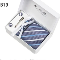 brand men suit tie with box packed quality polyestersilk 4pcs in one waterproof neck tie set blue striped tie men groom tie sets