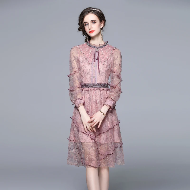 

2022 Spring Elegant Bow Party Midi Dress Women's Pearls Beading Embroidery Lace Mesh Vintage Vestidos