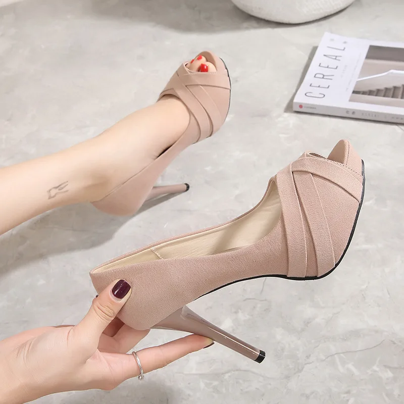 

Женские замшевые туфли на высоком каблуке 10 см, новинка, стильные водонепроницаемые туфли на высоком каблуке и платформе с открытым носком, ...