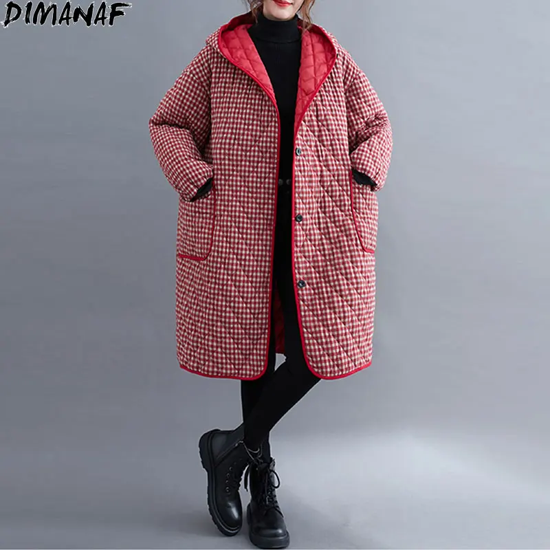 Женская Стеганая куртка DIMANAF длинная Теплая стеганая парка в клетку свободный