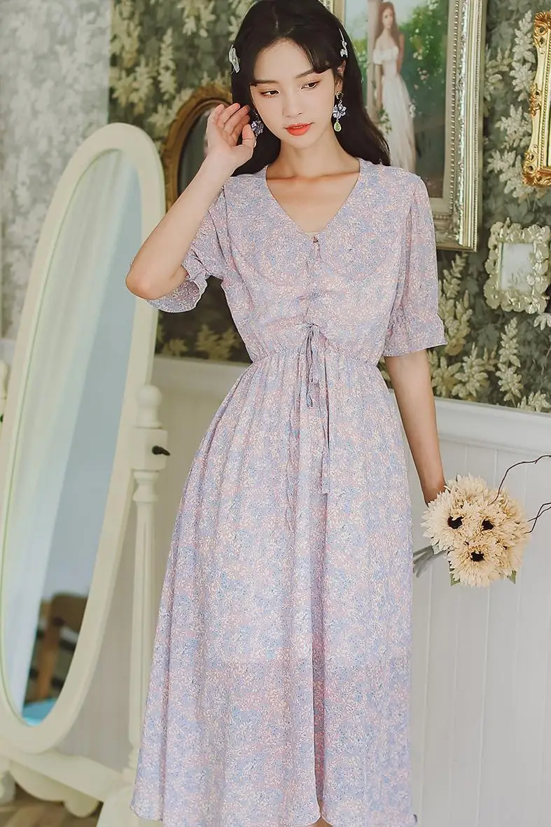 

COIGARSAM Floral Print Women dress New Dresses Purple Apricot 968