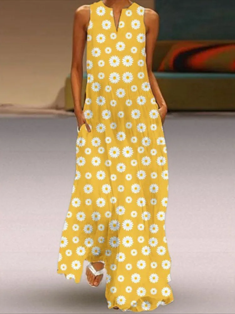 

Women Sleeveless V-neck Daisy Print Dress Ladies Summer Fashion Dress for Shopping Daily Wear