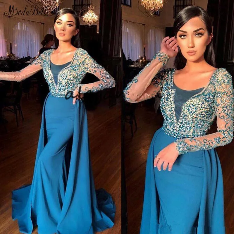 

Long Sleeve Mermaid Prom Dresses with Detachable Over skirt 2020 Vintage Teal Blue Arabic Beaded Top Evening Party prom Gowns